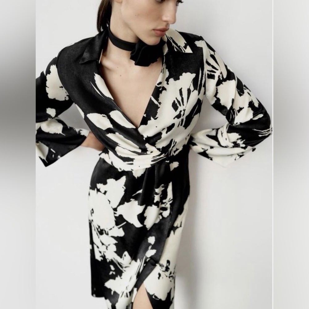 Zara Floral Silk Feel Midi Wrap Dress